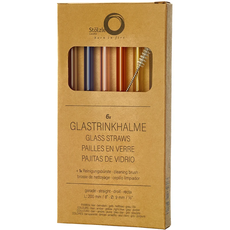 Glastrinkhalme gemixt inkl. Reinigungsbürste, 6er Set 200mm