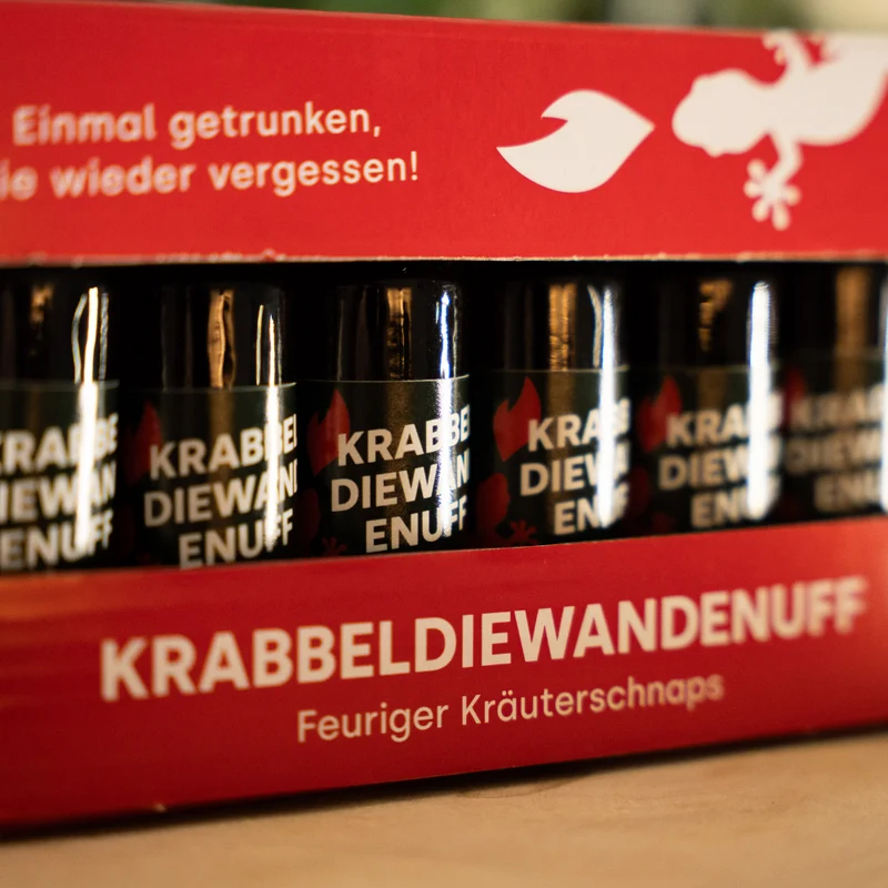 Krabbeldiewandenuff Shots | 25 x 2CL Box | 6 x 2CL Riegel Party-Schnaps | 50%