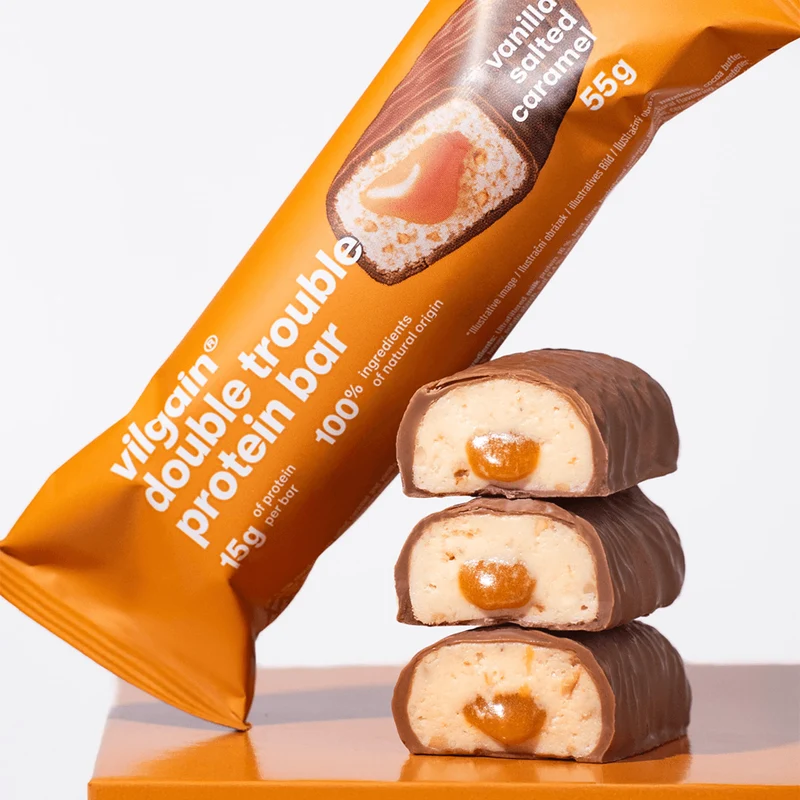 Protein Riegel Double Trouble Vanille mit gesalzenem Karamell
