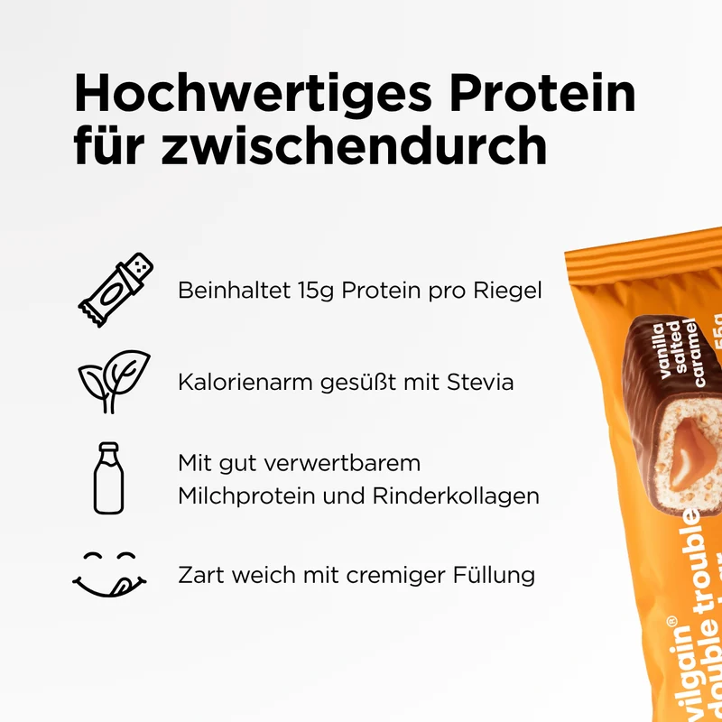 Protein Riegel Double Trouble Vanille mit gesalzenem Karamell