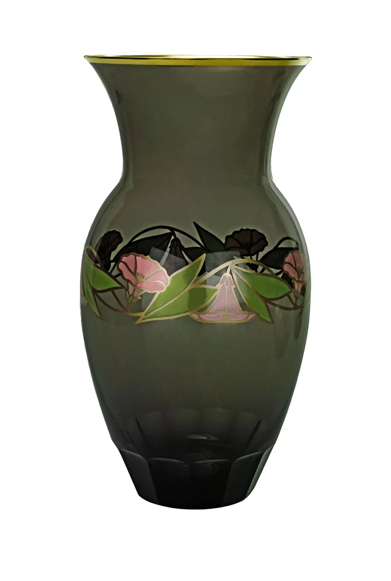 FLORA grau, Vase 290 mm, florale Malerei und Schliff