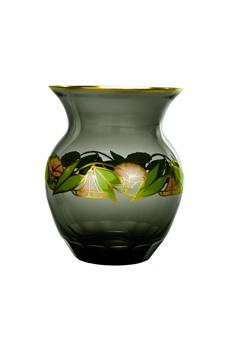 FLORA grau, Vase 200 mm, florale Malerei und Schliff
