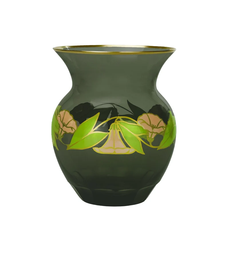 FLORA grau, Vase 160 mm, florale Malerei und Schliff
