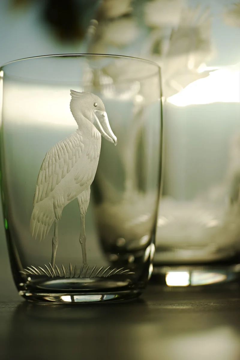 BIRDS Becher 104 mm / 4.1 in. klares Glas, Gravurbild Schuhschnabel
