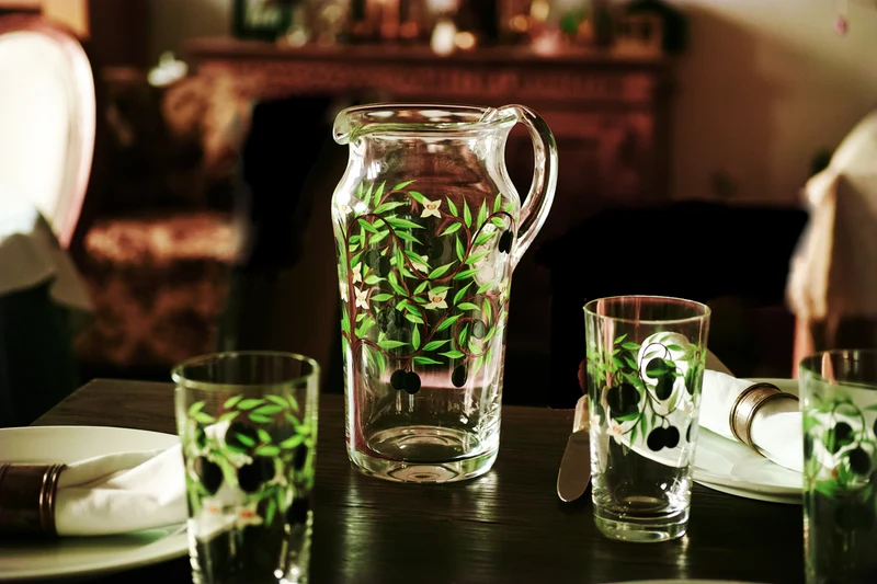 OLIVIA Krug, klares Glas, Malerei 'schwarze Olive', 240 mm, 1.0 Liter